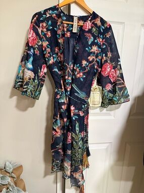 Aratta Navy Floral Dress / Tunic with Multicolor Bird & Tassel